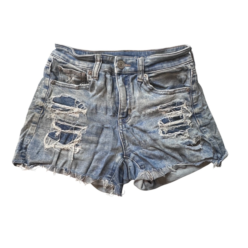 American Eagle Shorts Women 2 Blue Hi-Rise Shortie Distressed Next Level Stretch - Picture 1 of 10